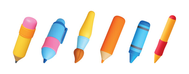 3d Stationery 3d icons. Yellow pencil pen blue crayon paintbrush stylus. Tools for drawing writing working with digital screen. Office school accessories realistic vector set
