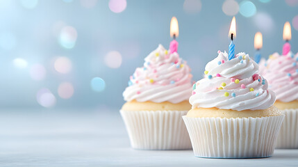 Festive Delights: A Delicious Display of White Cupcakes with Bright Candles for Celebration