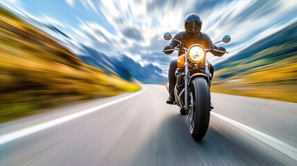 Fototapeta premium A motorcyclist riding fast on a scenic mountain highway, the bike in motion as the landscape blurs behind.