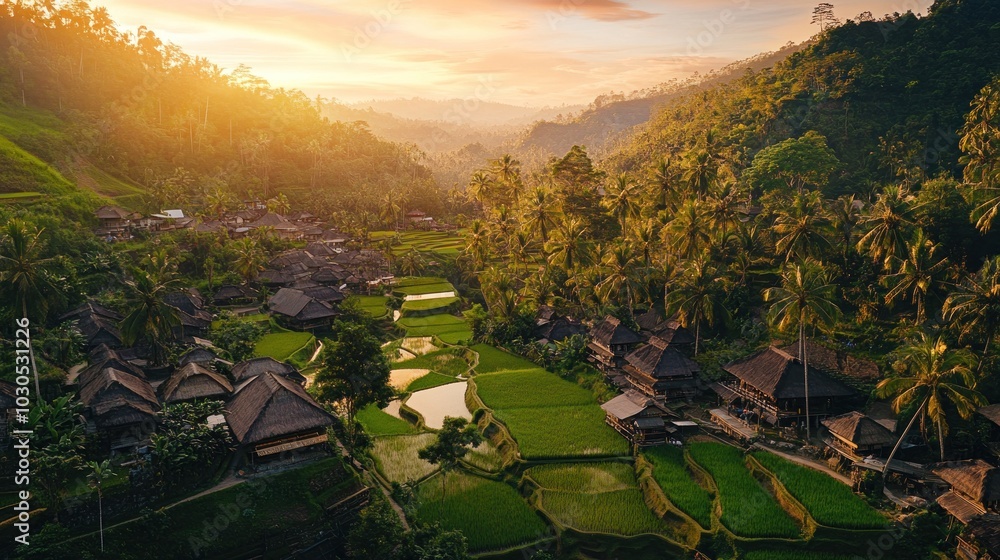 Canvas Prints A serene landscape of rice terraces and traditional houses at sunset.