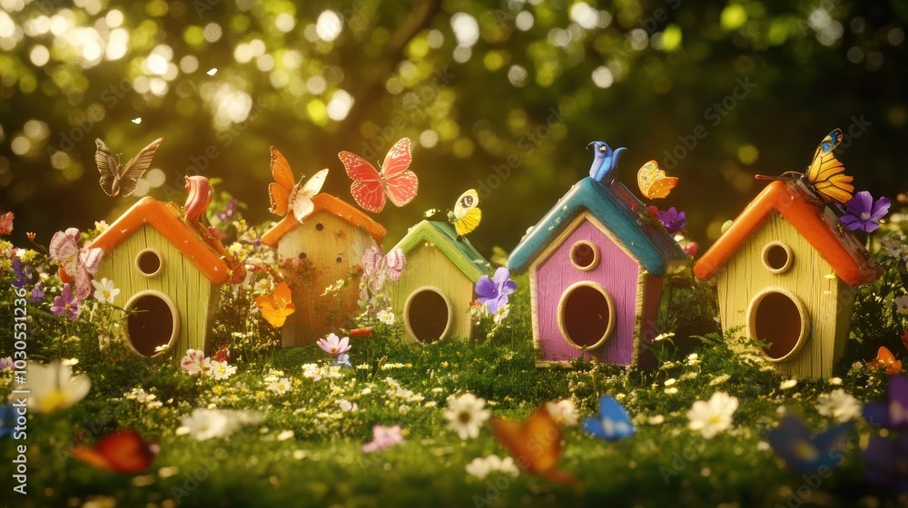 Canvas Prints Colorful birdhouses surrounded by flowers and butterflies in a sunny garden setting.