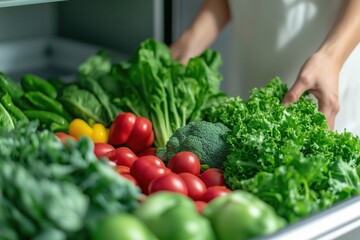 Fresh vegetables being organized in a well-stocked refrigerator during the day in a modern kitchen