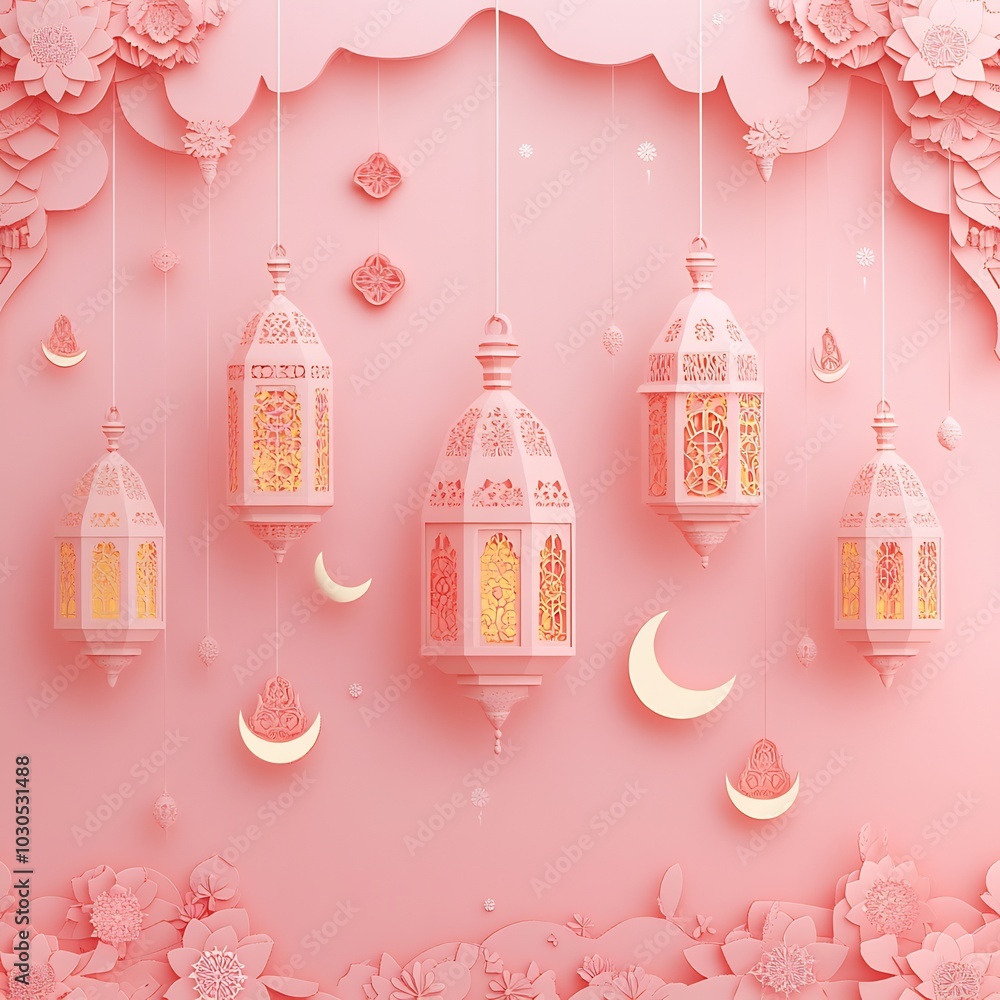 Aufkleber charming paper cut style banner filled with delicate islamic patterns featuring various lanterns and