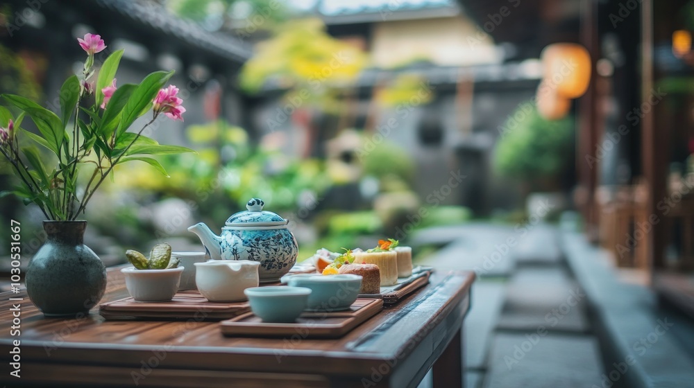 Wall mural A serene outdoor tea setup in a garden, featuring teapot, cups, and assorted snacks.