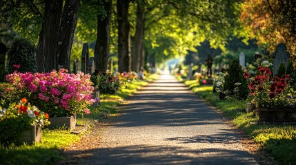 Naklejka premium Serene Path Through a Quiet Cemetery Lined with Trees