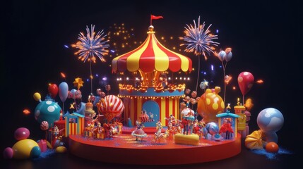 A vibrant carnival scene with a carousel, balloons, and fireworks, celebrating joy and fun.