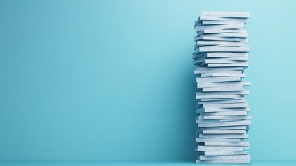 A tall stack of blue books against a bright turquoise background, symbolizing knowledge and education.