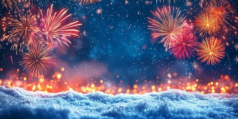 New Year's background with fireworks in the sky and snow on the ground, a blue night sky with stars, copy space for text, banner design, wide panorama