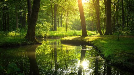 Obraz premium Serene View of Quiet Forest Glade at Sunrise