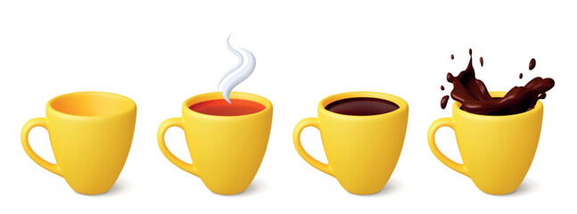 3d Yellow mug 3d icon. Isolated empty cup tea coffee and chocolate splash. Crockery realistic render design. Cups with drinks, hot beverages vector set