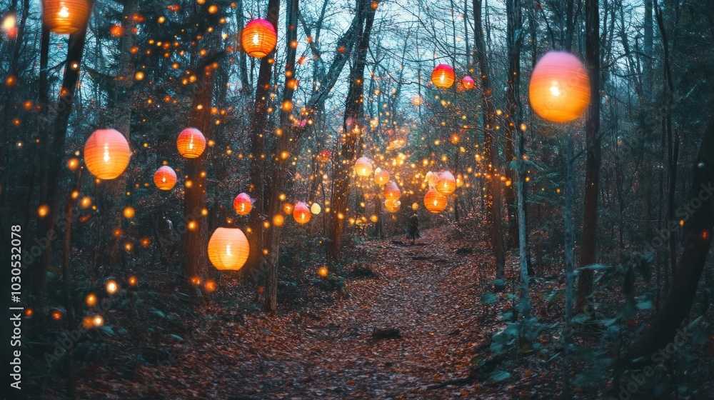 Wall mural A serene forest path illuminated by colorful lanterns, creating a magical atmosphere.