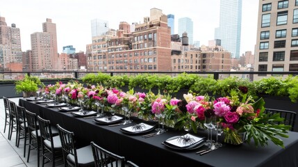 American Halloween rooftop dinner party black tablecloths