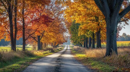 Naklejka premium Serene View of Quiet Road Lined with Colorful Trees