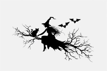 Illustration of witch flying on broom, halloween