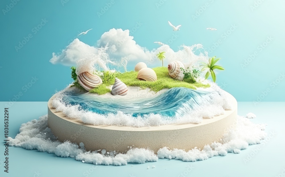 Wall mural A whimsical beach scene with shells, waves, and greenery, evoking a serene coastal vibe.