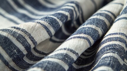 An upclose view of a vintage striped fabric showcasing thin navy blue and white stripes with a slightly faded effect. The fabric has a wornin look adding to its vintage appeal.