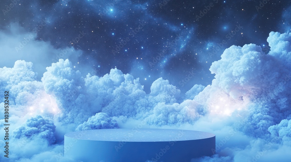 Poster a serene celestial scene with a circular platform amidst clouds and a starry sky.