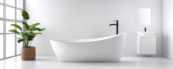 Clean white modern bathroom, minimalist decor, balanced layout, bright natural light, photorealistic, high-resolution