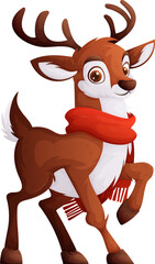 Illustration of a playful cartoon reindeer wearing a red scarf, standing on one leg, perfect for Christmas and winter holiday themes.