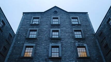 Obraz premium Gloomy evening view of a stone building with illuminated windows.