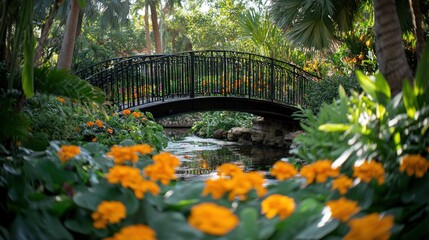 A serene garden scene featuring a bridge over a stream surrounded by vibrant flowers.