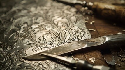 An engravers burin the sharp point delicately etching intricate designs into the metal.