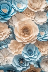Paper flowers in light blue and beige colors