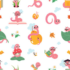 Cartoon worms seamless pattern. Funny earthworms reading sitting on fruit sleeping. Wild characters fabric print design, wrapping, nowaday vector background