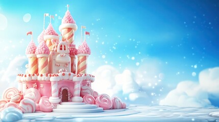 A whimsical candy castle surrounded by fluffy clouds and a bright blue sky.
