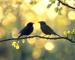 Obraz premium Blackbird pair, male and female, perched on a branch in a sundappled forest, engaging in avian interaction with a blurred bokeh background