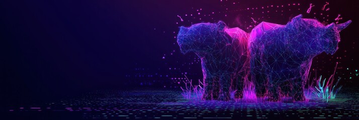 Two stylized animals represented in a vibrant, digital, geometric design.