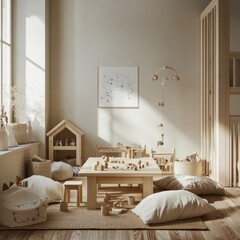 Obraz premium A cozy children's playroom with wooden toys and soft cushions for playful learning.