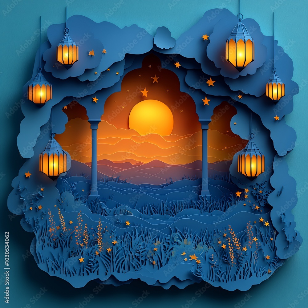 Poster charming paper cut style design featuring layered lanterns and stars in bright colors set against a 