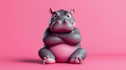 A snarky baby hippo sitting with crossed arms, vibrant 3D cartoon style, sarcastic expression, pastel background
