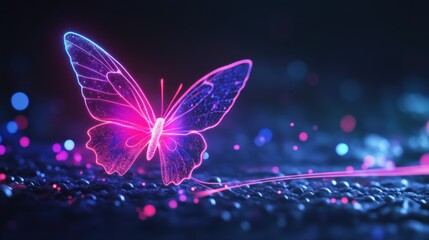 Neon butterfly with glowing wings fluttering through a dark scene, leaving light trails in its path.