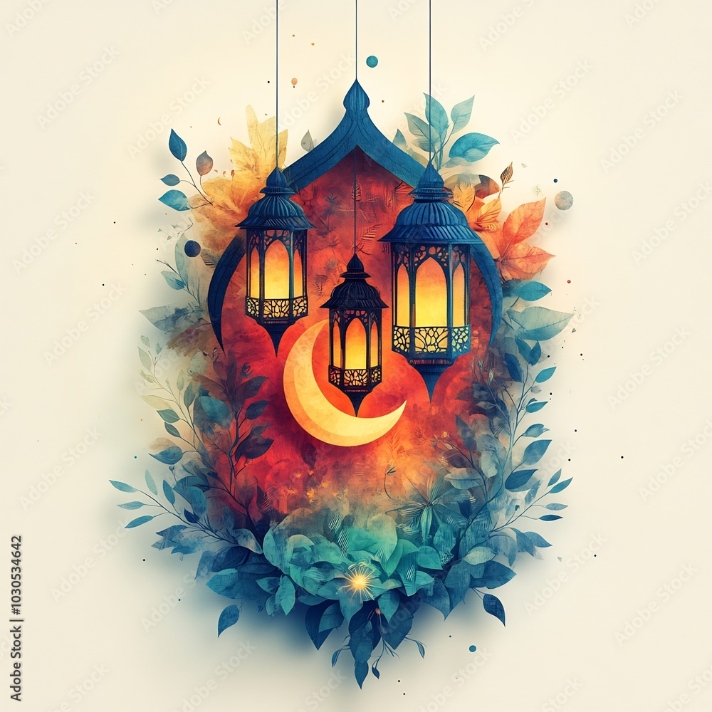 Poster charming paper cut style design featuring layered lanterns and crescent moons in rich jewel tones ag