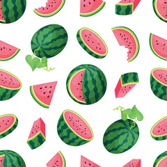 Watermelon juicy slices seamless pattern. Isolated cartoon watermelons plants. Sweet fruits or giant berries. Fresh food print neoteric vector design