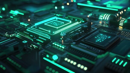 Obraz premium Neon circuit board design glowing in vibrant shades of green and blue, representing modern technology.