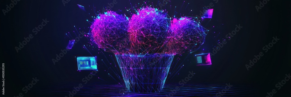 Poster abstract digital representation of interconnected nodes resembling a plant in a pot.
