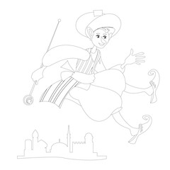 A boy with a stick dressed in oriental clothes, wearing magic slippers  flies over the city. The hero of “The Little Muck” fairy tale. Coloring page. Vector illustration 