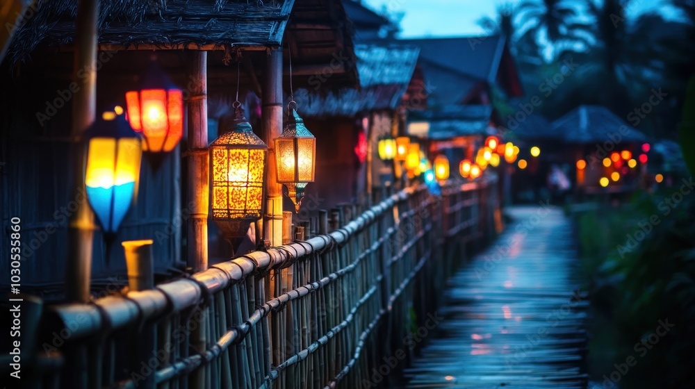 Aufkleber a serene pathway lined with colorful lanterns at dusk, creating a warm, inviting atmosphere.