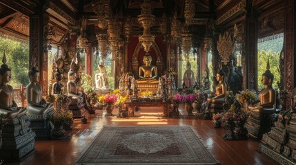 Fototapeta premium A peaceful Thai temple filled with stunning Buddha statues, creating a serene and reverent atmosphere, ideal for religious and cultural content
