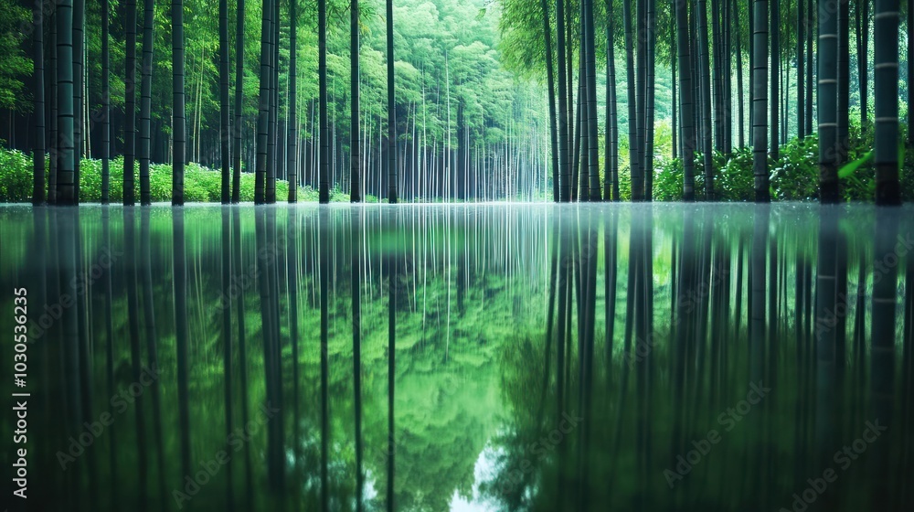 Wall mural Serene bamboo forest reflected in tranquil water, creating a peaceful natural scene.