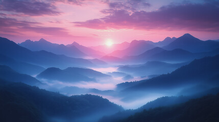 Obraz premium Soft mist enveloping a valley at sunrise, with the sky transitioning from pink to light blue. A calm, ethereal scene where nature meets the morning light.
