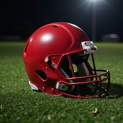 Fototapeta premium Red football helmet glows under spotlight on dirt field