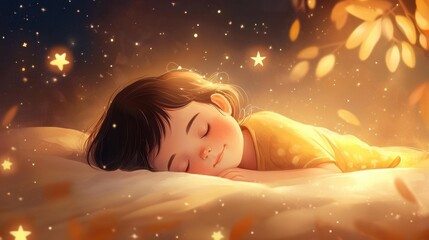 Peaceful child sleeping, surrounded by stars and bathed in soft moonlight, creating a magical and serene atmosphere.