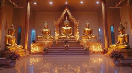 Fototapeta premium A stunning Thai temple adorned with multiple Buddha statues, each radiating calm and devotion, perfect for cultural and spiritual imagery