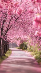 Naklejka premium Serene Cherry Blossom Walkway in Full Bloom