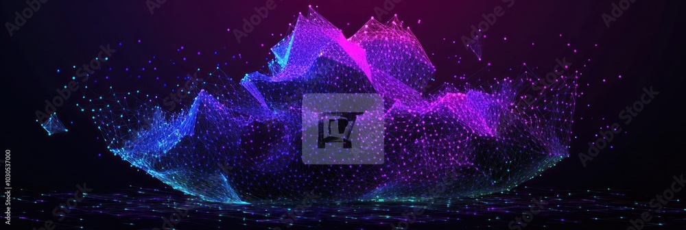 Poster abstract digital visualization with glowing particles and geometric shapes.