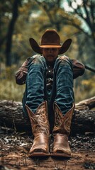 Fototapeta premium A cowboy sits on a log in a forest wearing typical attire. His unique cowboy boots stand out. The peaceful setting suggests a moment of solitude in nature.